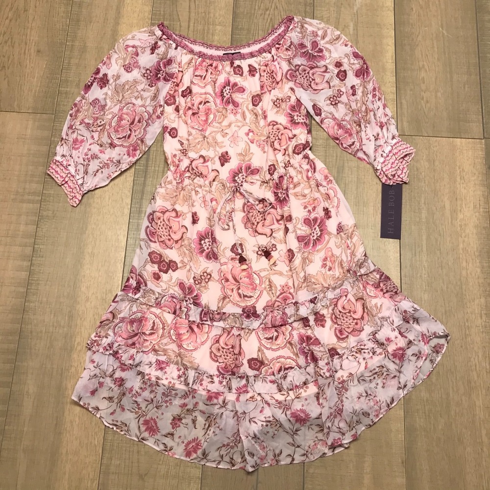 Hale‎ Bob Dress Womens Size XS Pink Floral Romantic Boho Feminine Tassels Blush